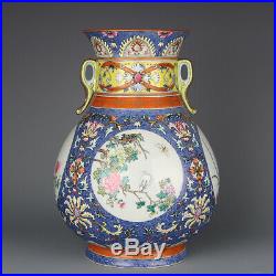 10.6 Chinese Fine Porcelain qianlong marked famille rose flower double ear Vase