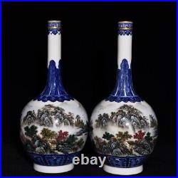 10Antique Qing dynasty Porcelain qianlong mark pair famille rose landscape vase