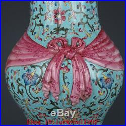 11.6 Old Qianlong marked famille rose Porcelain hand painting Ribbon lotus vase