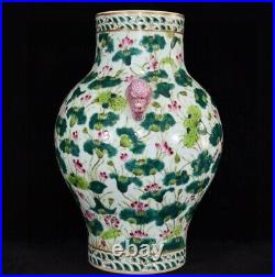 11 China old dynasty Porcelain Qianlong mark famille rose Lotus Lotus leaf vase