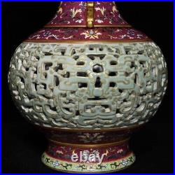 12.6 Qing dynasty qianlong mark Porcelain famille rose flower dragon ear Vase