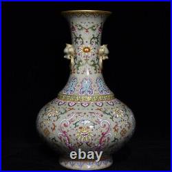 12.8 China Porcelain Qing dynasty qianlong mark famille rose lotus dragon Vase