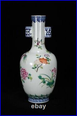 12Old dynasty Porcelain Qianlong mark famille rose Dragon peony double ear vase