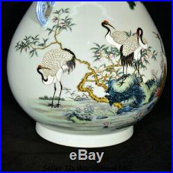 13.2 Qianlong Marked Old Chinese Famille Rose Porcelain Crane Birds Bottle Vase