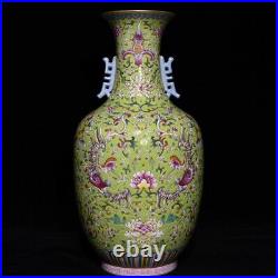 13.8 China Porcelain Qing dynasty qianlong mark famille rose lotus phoenix Vase
