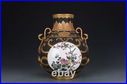 13.8 China Porcelain Qing dynasty qianlong mark famille rose peony bird Vase