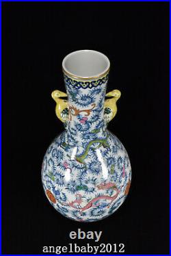 13.8 Chinese Porcelain Qing dynasty qianlong famille rose dragon crane ear Vase