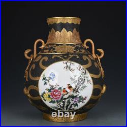 13.8Old dynasty Porcelain Qianlong mark gilt famille rose flower bird Ruyi vase