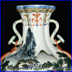 14 Qianlong Chinese Famille rose Porcelain Mountain Tree 2 Ear Bottle Vase