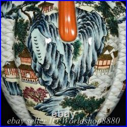 14 Qianlong Chinese Famille rose Porcelain Mountain Tree 2 Ear Bottle Vase