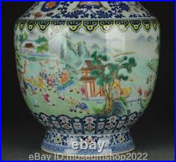 16.2 Old Chinese Qianlong Blue White Famile Rose Porcelain Flowers Child Vase