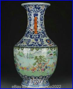 16.2 Old Chinese Qianlong Blue White Famile Rose Porcelain Flowers Child Vase