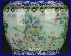 16.2 Old Chinese Qianlong Blue White Famile Rose Porcelain Flowers Child Vase