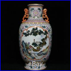 16.4 Qianlong Marked China Famille Rose Porcelain Crane Deer Flower Bottle Vase