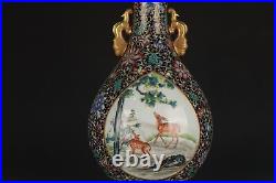 16.7 Old dynasty Porcelain qianlong mark famille rose deer Crane flowers vase