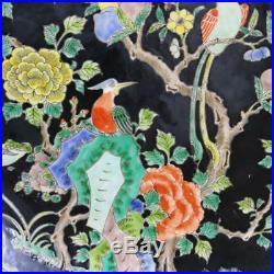 17 China antique Porcelain Qing qianlong black famille rose flower bird plate