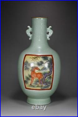 17 Old dynasty Porcelain Qianlong mark famille rose fine horse double ear vase