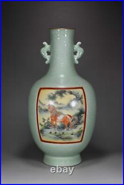 17 Old dynasty Porcelain Qianlong mark famille rose fine horse double ear vase