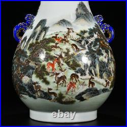 18.5Antique dynasty Porcelain qianlong mark famille rose pine Hundred deer vase