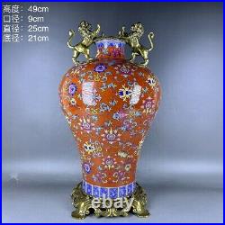 19.6 Old China Qianlong Famile Rose Porcelain Copper Flower Pair Lion Plum Vase