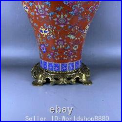 19.6 Old China Qianlong Famile Rose Porcelain Copper Flower Pair Lion Plum Vase