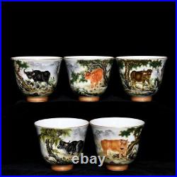 2.7Antique qing dynasty Porcelain qianlong mark 1set famille rose Five cows cup