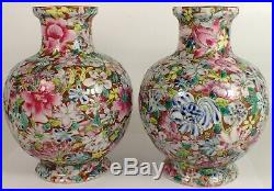 2 Antique Chinese Qianlong Signed Hundred Flowers Famille Rose Porcelain Vase