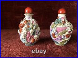 2 Antique Chinese Qing Qianlong Famille Rose 18 Immortal Porcelain Snuff Bottle