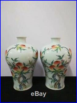 2 x Exquisite Chinese Famille Rose Porcelain Peaches Vases Pot Marks QianLong