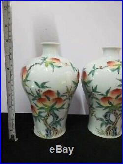 2 x Exquisite Chinese Famille Rose Porcelain Peaches Vases Pot Marks QianLong