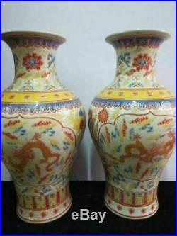 2pcs 17.3 Antique Chinese Dragon Painted Famille Rose Porcelain Vases Qianlong