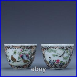 3.1 pair Old porcelain qing dynasty qianlong mark famille rose flower bird cup