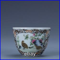 3.1 pair Old porcelain qing dynasty qianlong mark famille rose flower bird cup