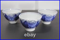 3 Qing Qianlong Famille Rose Rice Bowl Set antique Chinese Monks Blue White