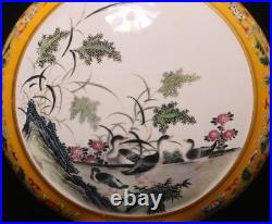 38.5CM Qianlong Signed Old Antique Chinese Famille Rose Vase Withduck