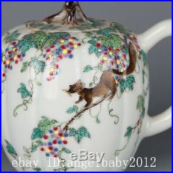 6.7 Chinese Fine Porcelain qianlong marked famille rose Squirrel Grape teapot