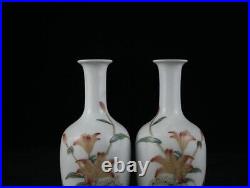 7.1 China dynasty Porcelain qianlong mark pair famille rose flowers plants vase