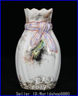 7.2Old China Qianlong Marked Famile Rose Porcelain Carp Dragon Ribbon Vase Pair