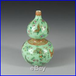 9 China antique Porcelain Qianlong green famille rose butterfly gourd vase
