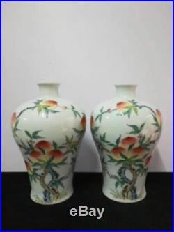 A Pair Of Antique Chinese Famille Rose Porcelain Peaches Vases QianLong Marks