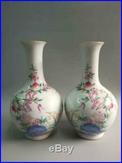 A Pair Of Chinese Famille Rose Porcelain Crane & Peach Vase with Qianlong Marks