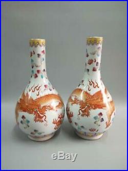 A Pair Of Chinese Famille Rose Porcelain Dragons Vases Handcarved Marks QianLong