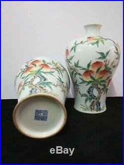 A Pair Of Fine Chinese Famille Rose Porcelain Peaches Vases Pot QianLong Marks