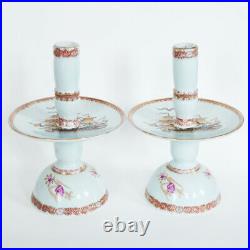 Antique A Pair Of Chinese Export Famille Rose Candlesticks Ship Dutch Qianlong