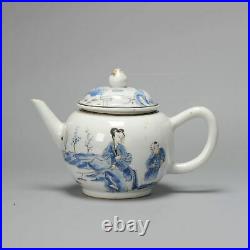 Antique Ca 1730-45 Chinese porcelain Overglaze Blue Teapot Lady in Garden Sce
