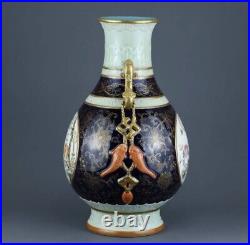 Antique China famille rose Qianlong Ji blue glaze painted gold flower Large Vase