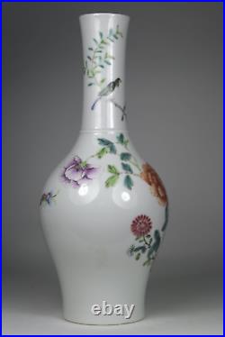 Antique Chinese 20thC Republic Period Famille Rose Vase Qianlong Mark BirdFlower