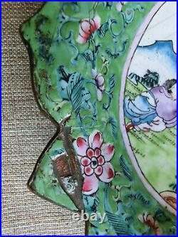 Antique Chinese Canton Enamel Copper Lotus Lobed Dish Famille Verte Shou Lao