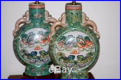 Antique Chinese Large Pair Of Famille Vert Porcelain Moon Flask Qianlong Period