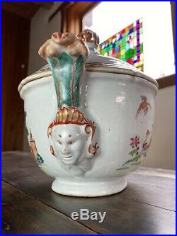 Antique Chinese Porcelain Soup Tureen Famille Rose Qianlong 1740 Castles Birds